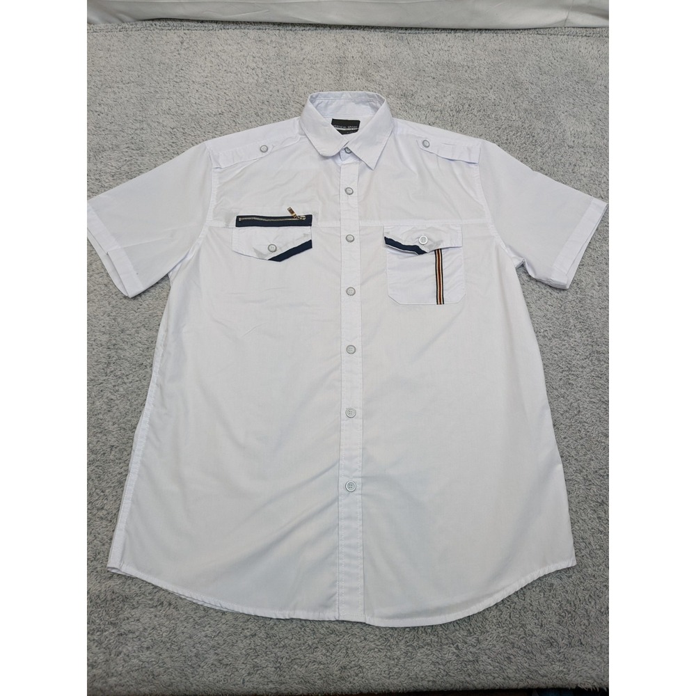 Vertical Sport Slim Fit Men's Button Up Shirt M White Epaulets Zip Pocket Casual